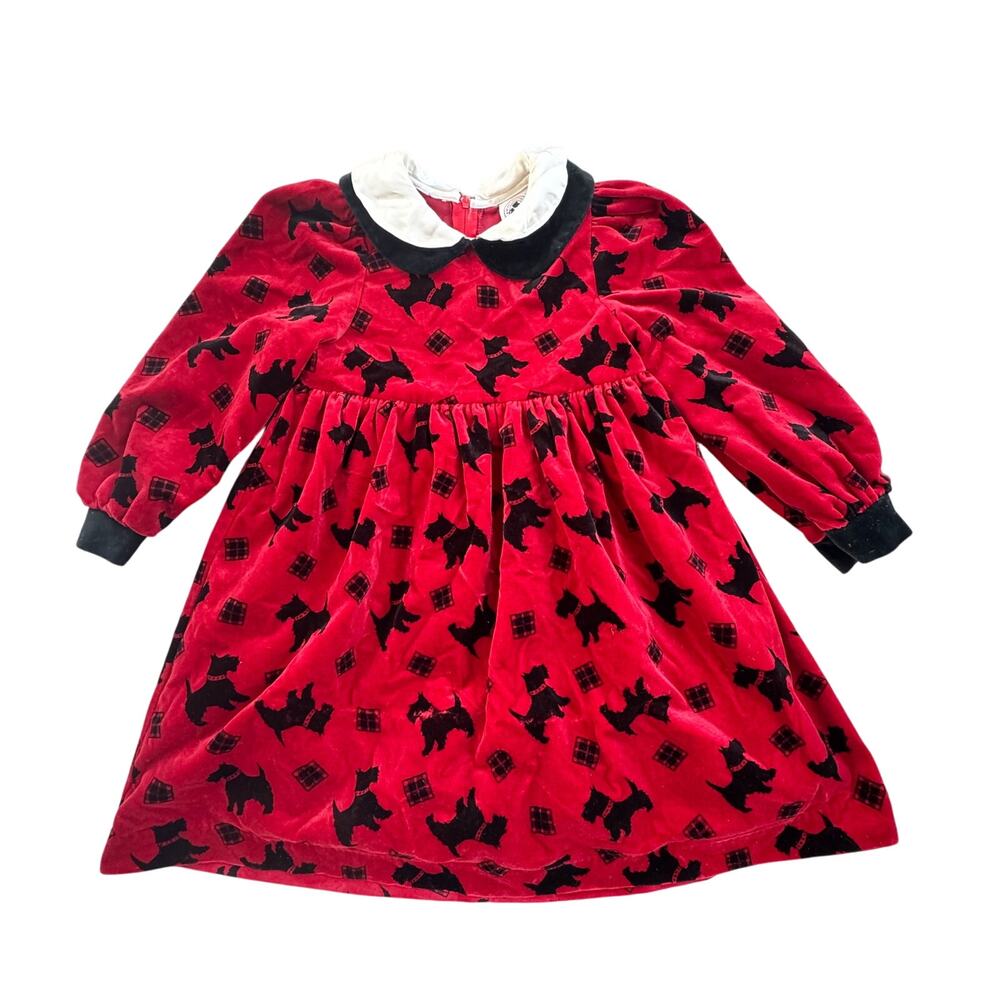Vtg 1980s 1990s Good Lad of Philadelphia Red/Black Scottie Dog Velvet Dress Sz 6